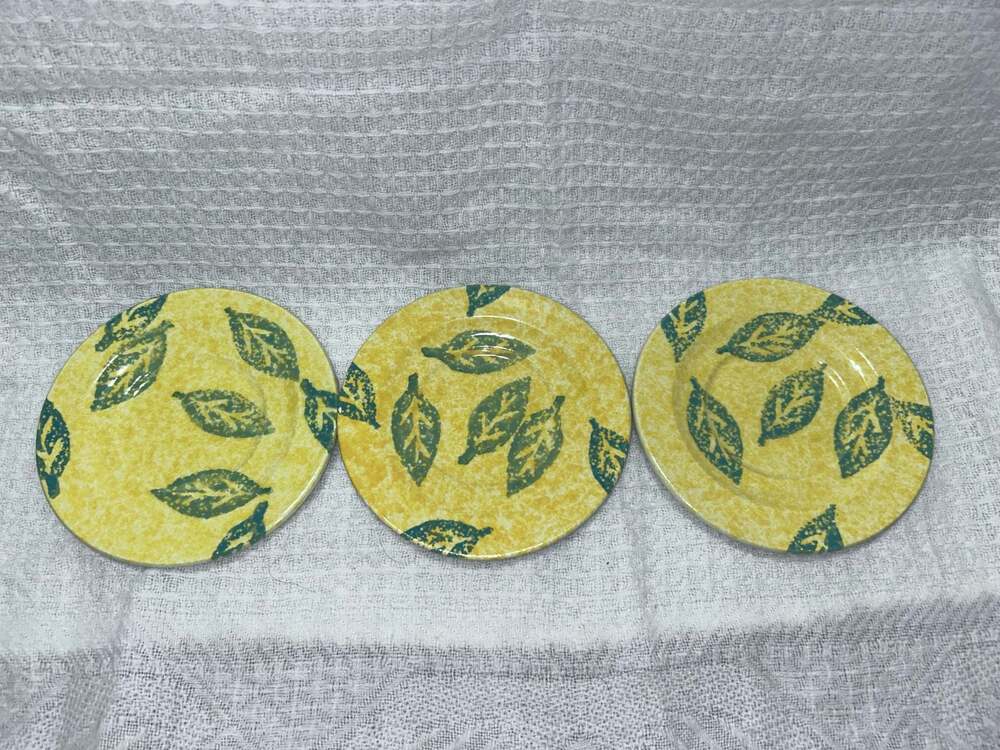 Set of 3 Italian Ceramic Leaf Pattern Saucers Yellow and Green